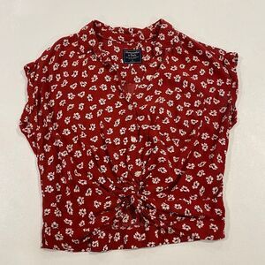Abercrombie & Fitch Red Floral Twist Front Crop Top Women Small Button Shirt